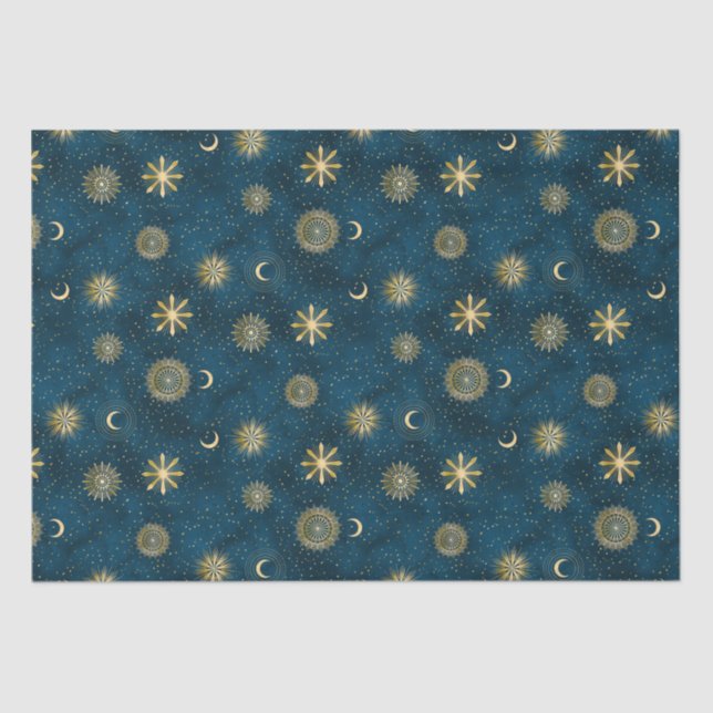 Papel De Seda Lua Azul Celestial e Dourada do Crescente Noturno  (Frente )