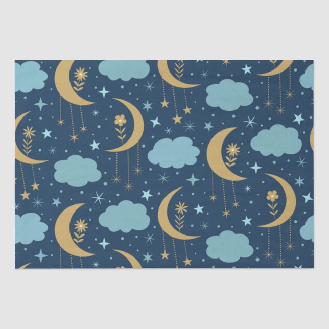 Papel De Seda Lua Boho Dourada Com Nuvens Azuis (Frente )
