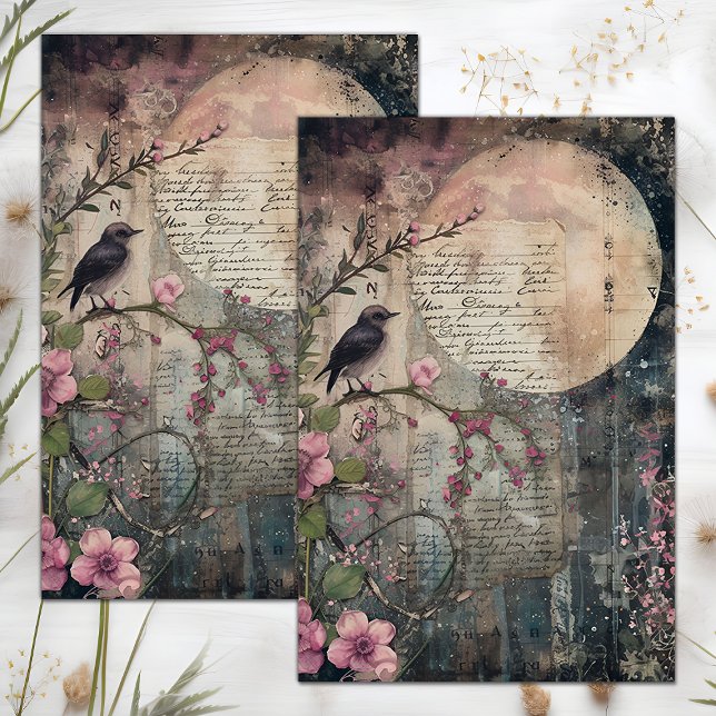 PAPEL DE SEDA LUA CHEIA E PASSAROS MÍDIA MISTA DECOUPAGE (FULL MOON AND BIRD MIXED MEDIA DECOUPAGE TISSUE PAPER)