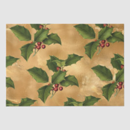 Papel De Seda Luxe Gold Foil, Green Holly, Berries Vermelhos
