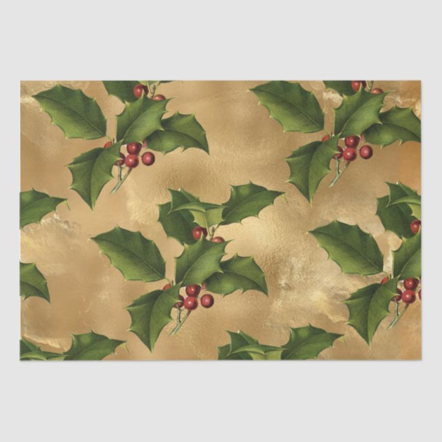 Papel De Seda Luxe Gold Foil, Green Holly, Berries Vermelhos (Frente )