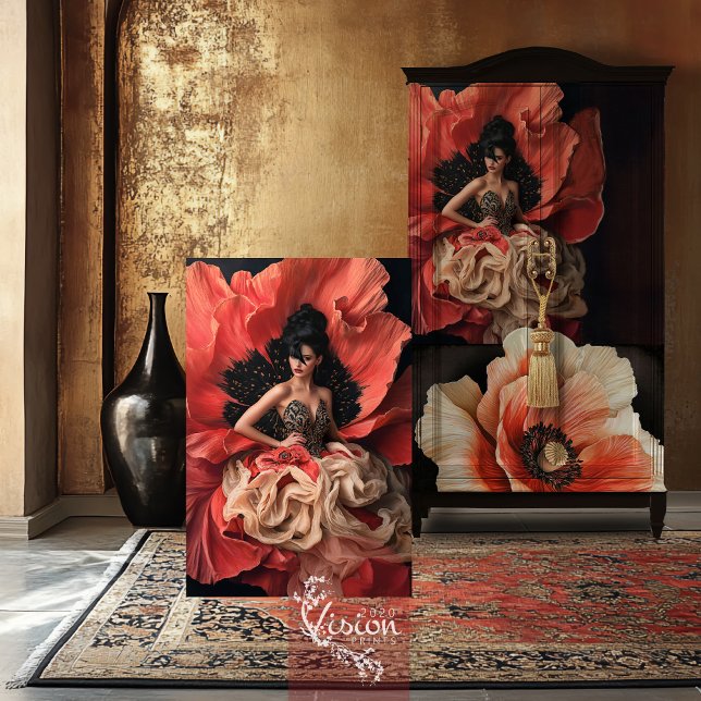 Papel De Seda Luxe Papoilas Retrato Curvatura Bouffant (Red Coral, Luxe Poppy Blooms, Elegant bouffant couture, portrait art decoupage tissue paper. )