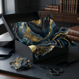 Papel De Seda Luxo Azul Naval Preto Mármore Ágata Dourado Falso