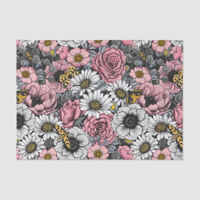 Papel De Seda Luzes sobre mistura de flores em rosa e cinzas (Frente )