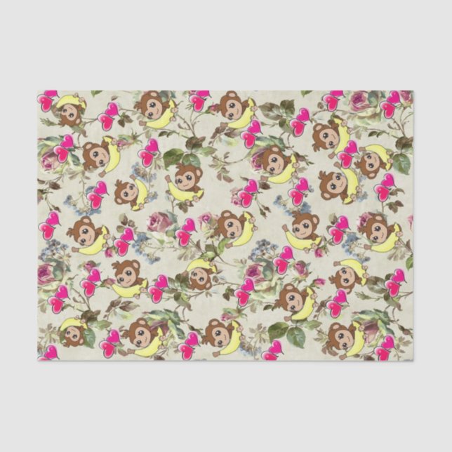 Papel De Seda Macacos-tecidos Bananas Corações Rosa Corações Flo (Frente )