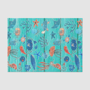 Papel De Seda Madeira Azul Rústica & Amigos Caprichosos do Fundo