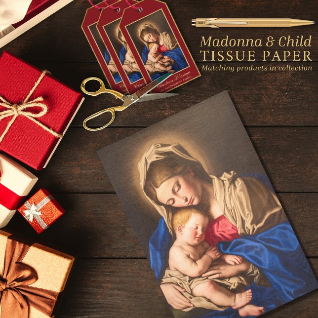 Papel De Seda Madonna e Criança, Natal Religioso Tradicional (Madonna and Child religious Christmas tissue paper for gift wrapping in red and gold)