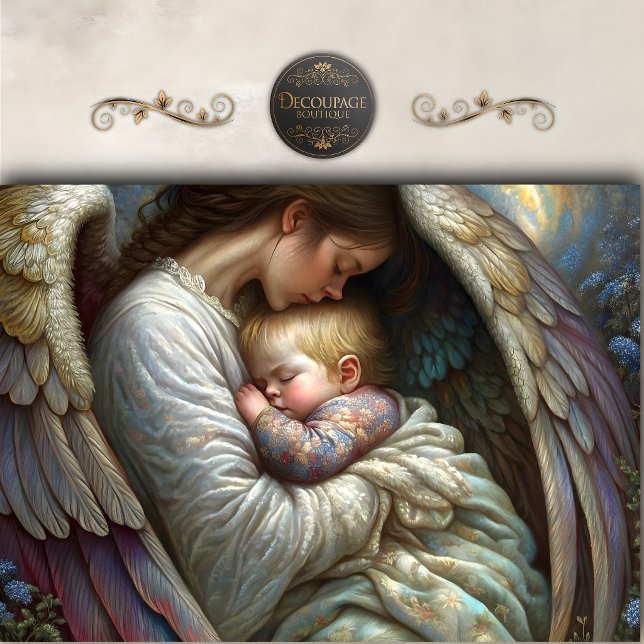 Papel De Seda Mãe Anjo Segurando Asas de Bebê Decoupage (Mother Angel Holding Baby Wings Decoupage Tissue Paper)