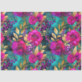 Papel De Seda Magenta Floral Folhas Douradas e Botânica Teal