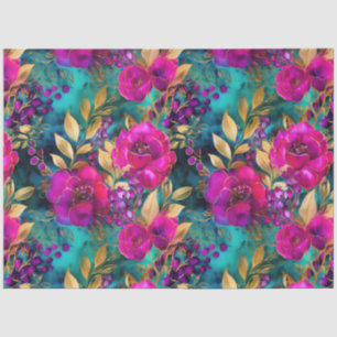 Papel De Seda Magenta Floral Folhas Douradas e Botânica Teal
