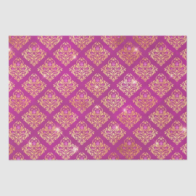 Papel De Seda Magenta & Gold Damask Sparkle Pattern (Frente )