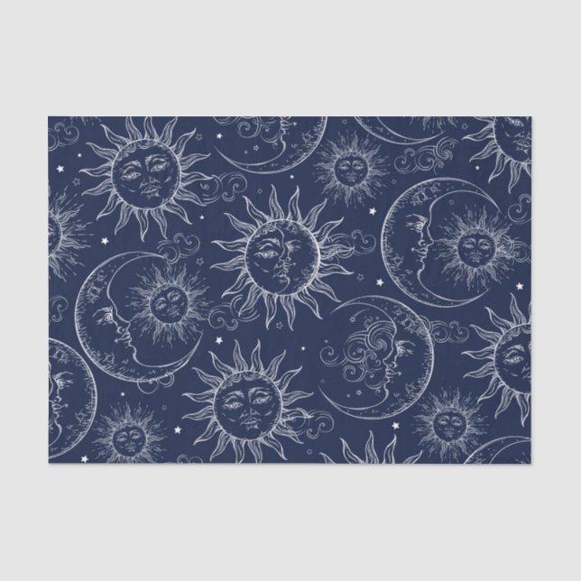 Papel De Seda Magia Azul Antiga Celestial Sol Lua Estrelas (Frente )