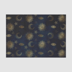 Papel De Seda Magia Dourada Sol-Lua Estrelas Azul Escuro