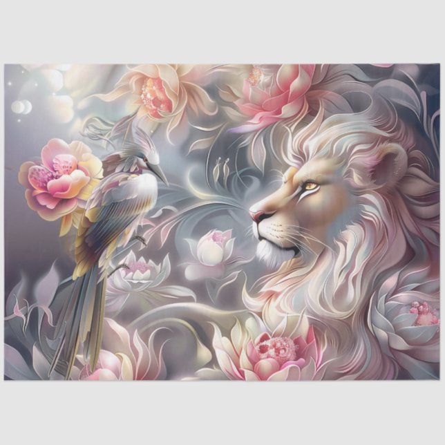 Papel De Seda Majestic Elegant  Floral Lion Head & Bird (Frente )