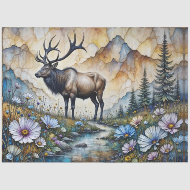 Papel De Seda Majestic Elk in floral mountain valley (Frente )