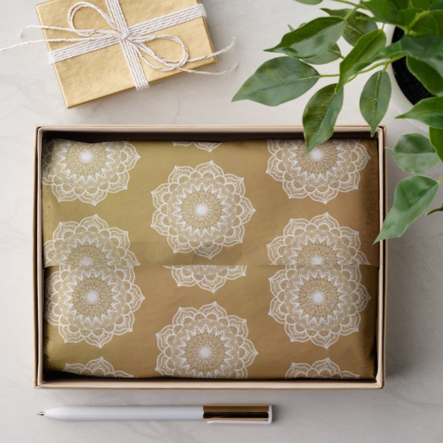 Papel De Seda Mandala Branco em Fundo Dourado (Presente)