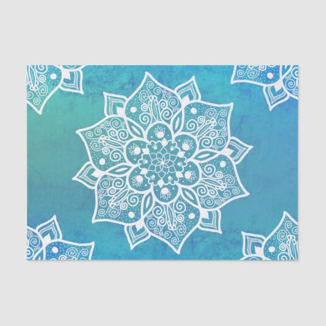 Papel De Seda Mandala de cor azul-azul-turquesa moderna (Frente )