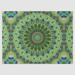 Papel De Seda Mandala de Pena de Pavão Esmeralda e Azul Simetria