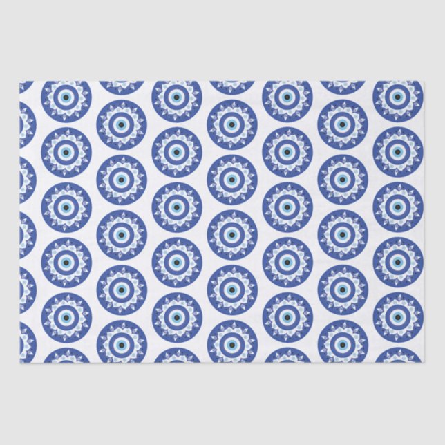 Papel De Seda Mandala Grego Mau Olho Padrão Azul Branco (Frente )