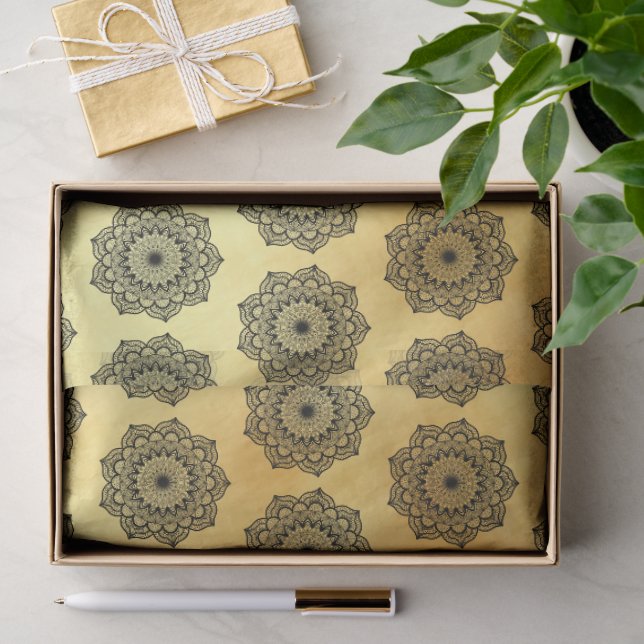Papel De Seda Mandala Preto em Fundo Dourado Suave (Presente)