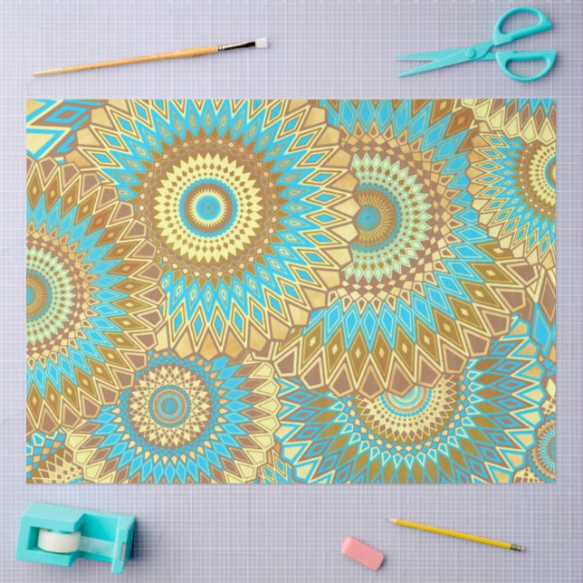 Papel De Seda Mandala Sobreposto Azul Marrom Dourado (Arte )