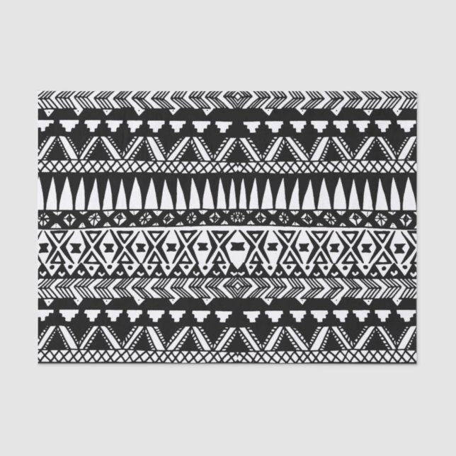 Papel De Seda Mão preto e branco asteca tribal moderno tirado (Frente )