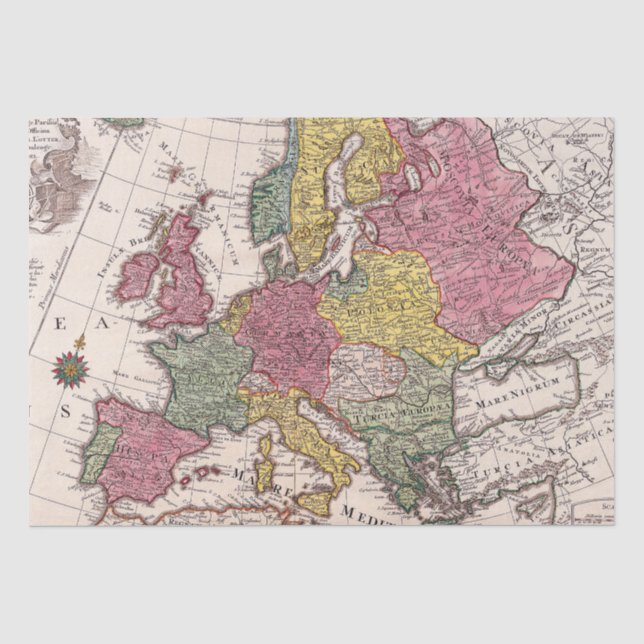 Papel De Seda Mapa Antigo da Europa com Reinos Históricos Pastel (Frente )