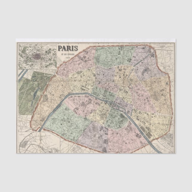 Papel De Seda Mapa Antigo de Paris França Decoupage Efêmero (Frente )
