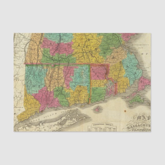 Papel De Seda Mapa de Massachusetts e de Connecticut (Frente )