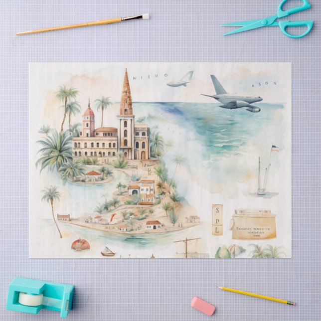 Papel De Seda Mapa de Viagens aquarela (Arte )