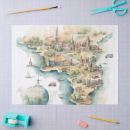 Papel De Seda Mapa de Viagens em Aquarela