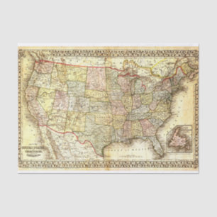 Papel De Seda Mapa de Vintagens dos Estados Unidos e Territórios