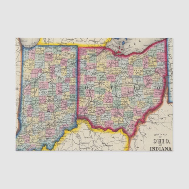 Papel De Seda Mapa do condado de Ohio, e de Indiana (Frente )