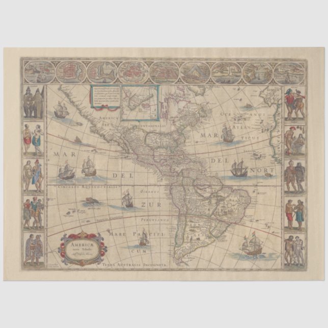Papel De Seda Mapa histórico antecipado da América do Norte e do (Frente )