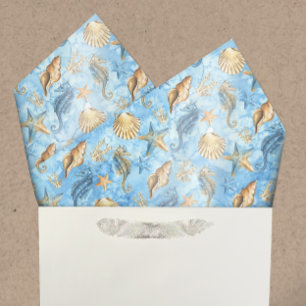 Papel De Seda Mar de Aquarela Padrão de Vida Conchas de Starfish