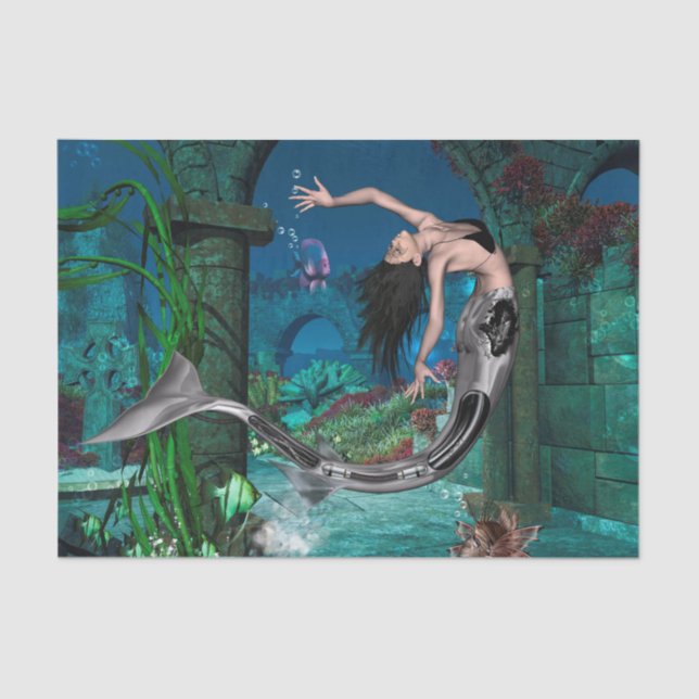 Papel De Seda Maravilhosa sereia com peixes fantásticos (Frente )