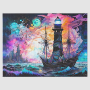 Papel De Seda Mares tempestuosos, farol de barco Abstrato da Lua