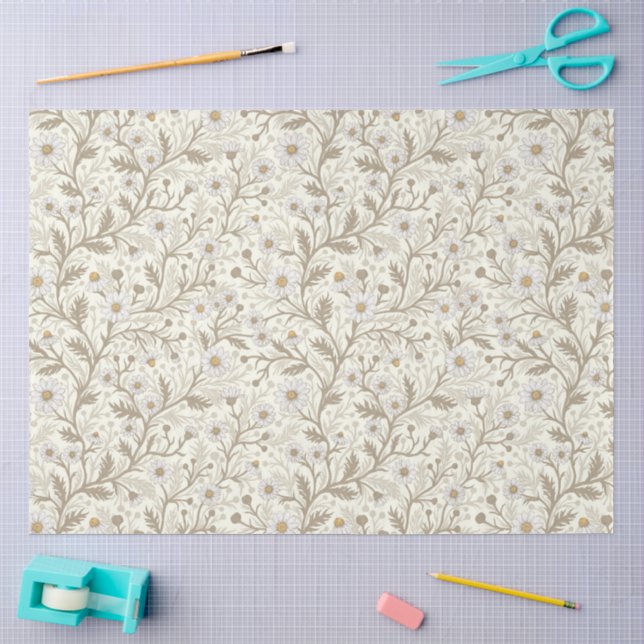 Papel De Seda Margaridas em branco e marrom sobre creme (Arte )