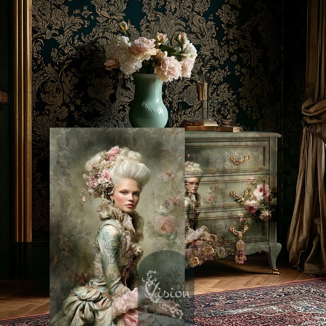 Papel De Seda Marie Antoinette Portrait Baroque Pink Roses (Baroque portrait print on decoupaged dresser in luxury interior with gold damask wallpaper
)