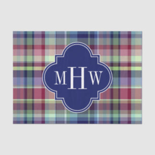 Papel De Seda Marinho Azul Céu Borgonha Whpreppy Madras Monogram