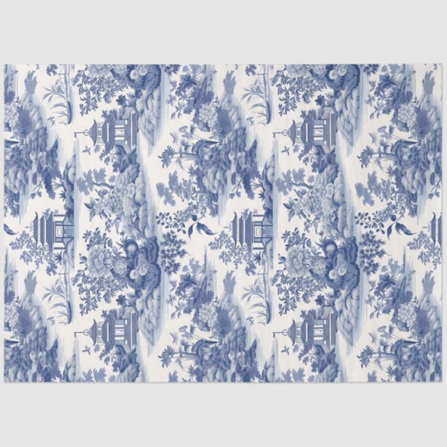 Papel De Seda Marinho azul Chinoiserie flores que constróem cast (Frente )