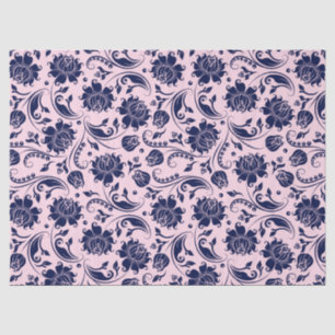Papel De Seda Marinho Azul - Damascos Florais Cor-de-Fundo Rosa