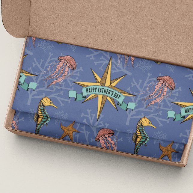 Papel De Seda Marinho Azul Náutico Estrela - Texto Personalizado (Nautical Hand-drawn Ocean Life Illustration with Seahorse, jellyfish, Coral & Starfish. Custom Text.)