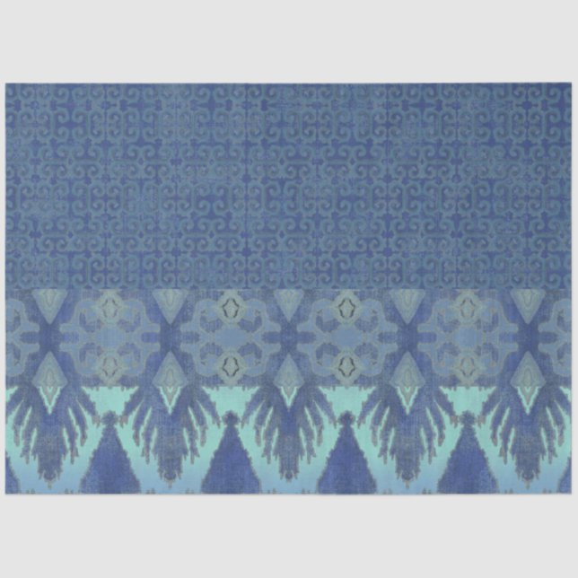Papel De Seda Marinho de padrão tribal IKAT - Turquoise Blue Dec (Frente )