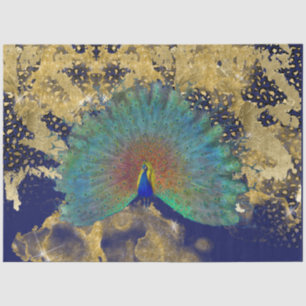 Papel De Seda Marinho de Peacock Azul Dourado Decoupage Leopardo