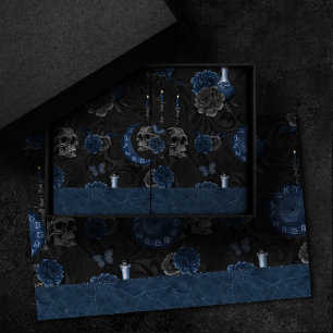 Papel De Seda Marinho Zodiac Magic   Rosas de crânio gótico az