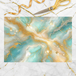 Papel De Seda Mármore Aquamarine Elegante com Veias Douradas Bri