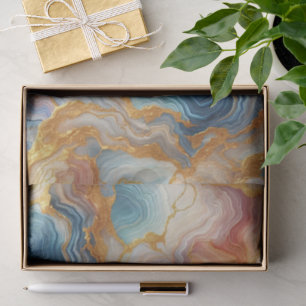 Papel De Seda Mármore Azul Água-Marinha Bege Dourado