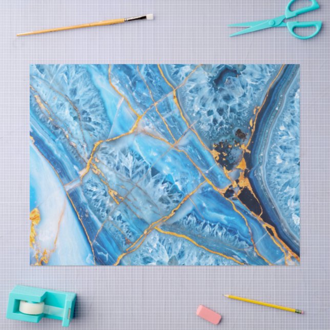 Papel De Seda Mármore Azul e Dourado (Arte )