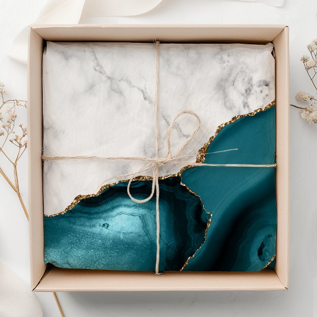 Papel De Seda Mármore Branco Ágata Azul Turquesa Dourado (Criador carregado)